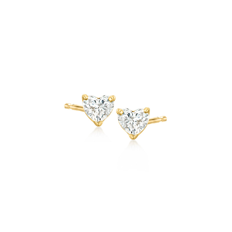 Heart-shaped diamond stud earrings in 14kt yellow gold with two clear stones