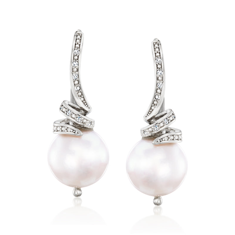 Cultured pearl and diamond drop leverback earrings in sterling silver