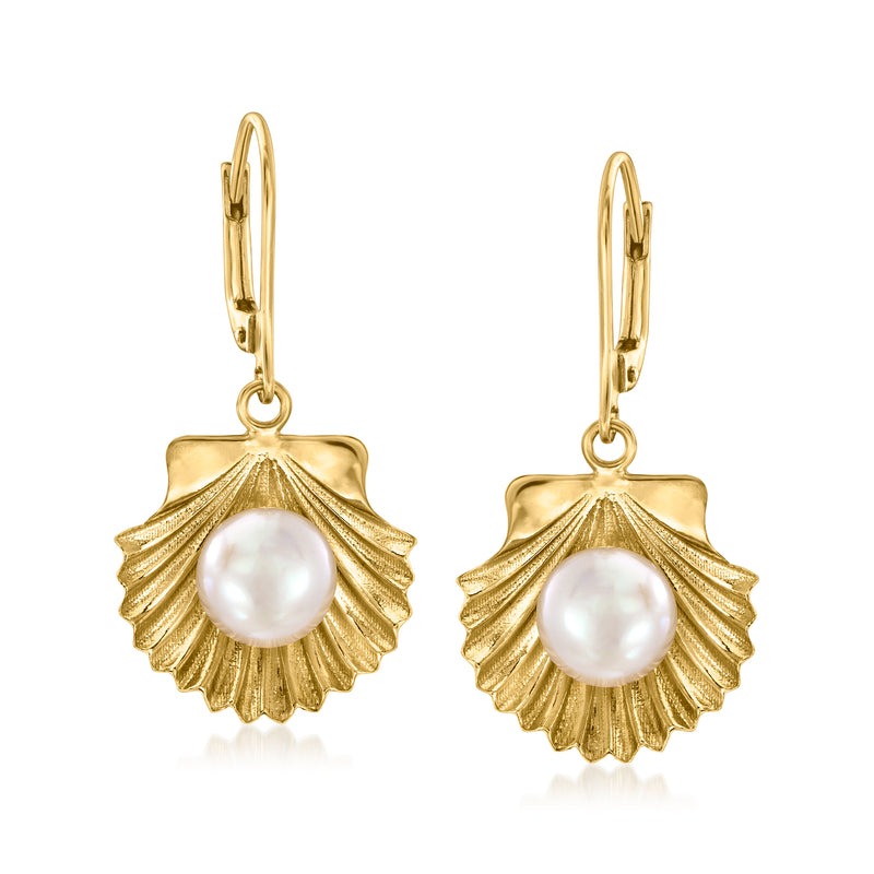 Gold seashell drop earrings with white cultured pearl and leverback closures.