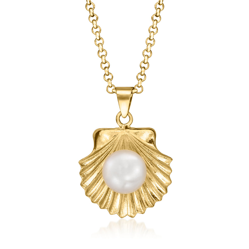 Gold pendant necklace with seashell charm and round white cultured pearl