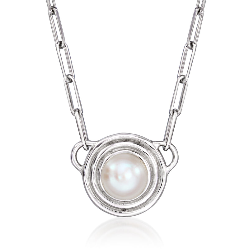 Sterling silver paper clip link necklace with round cultured pearl pendant