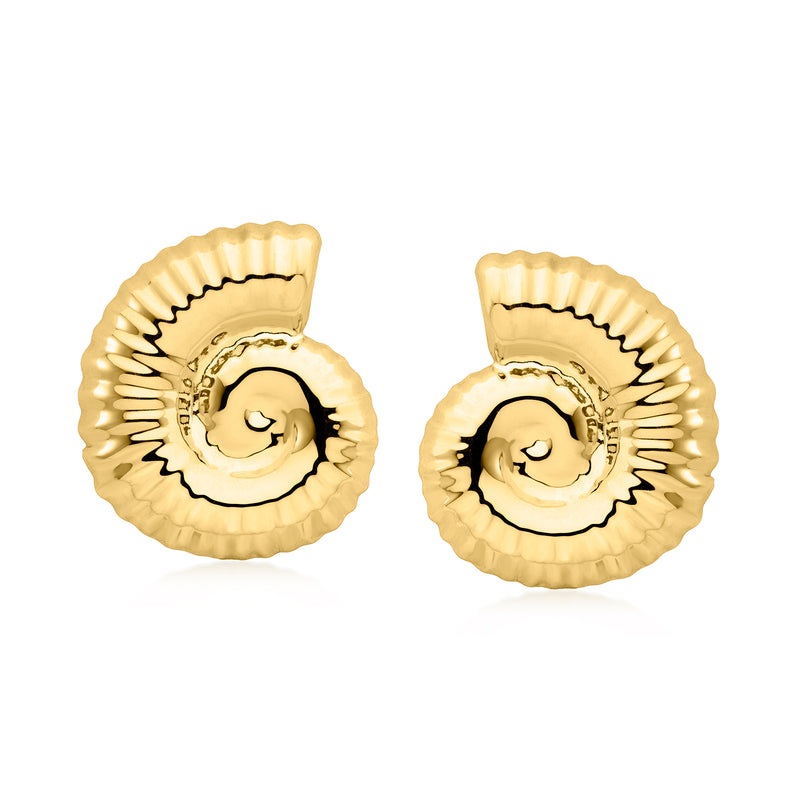 Gold seashell spiral stud earrings with ridged swirl and round center