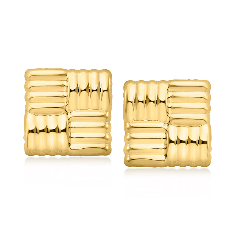 Gold over sterling quilted-pattern square stud post earrings, textured ridges