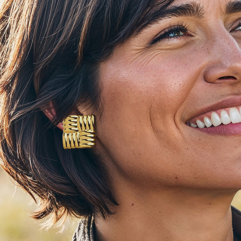 Gold over sterling quilted square stud post earrings, textured ridges