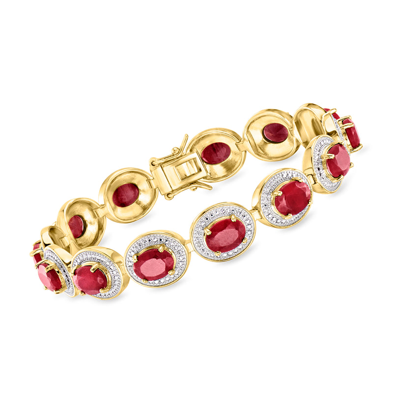 Gold bracelet with oval ruby stones and diamond halos, oval clasp
