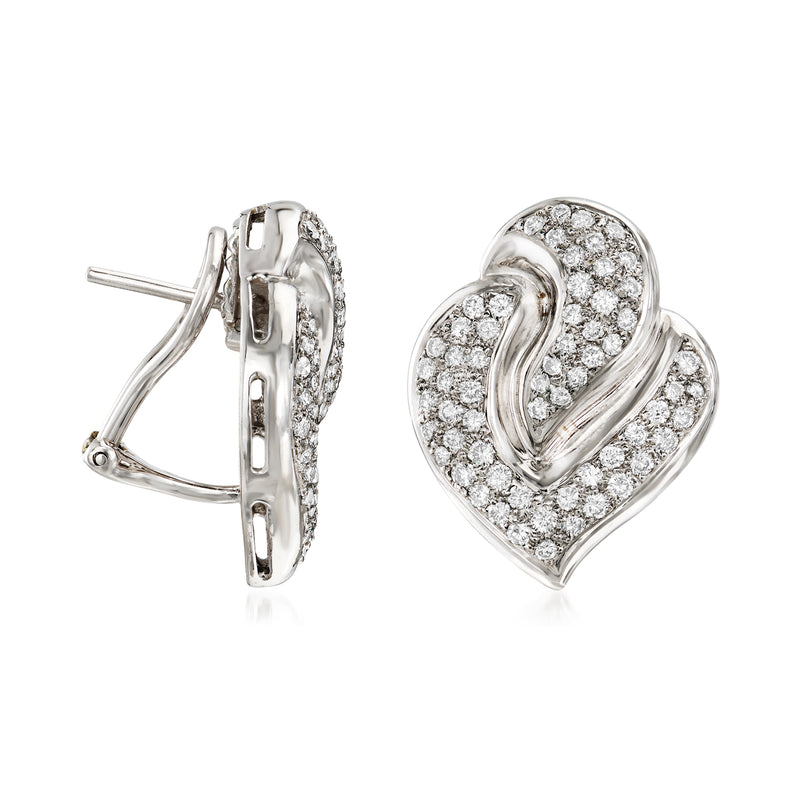 Diamond heart cluster earrings showing hinged back and post, 18kt white gold