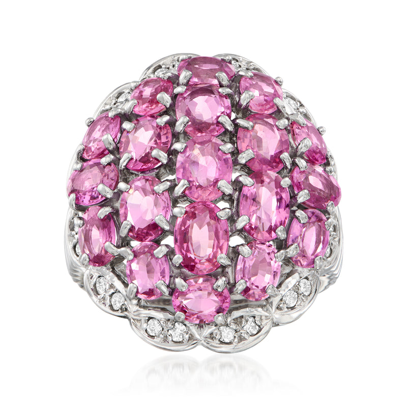Vintage platinum cluster ring with pink sapphires and diamond accents