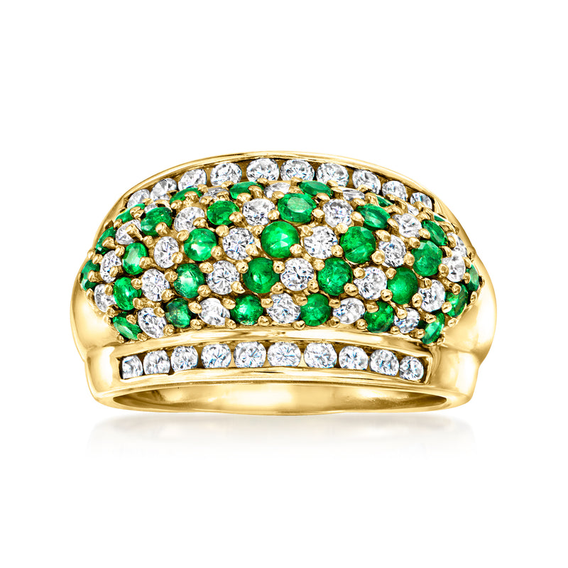 18kt yellow gold ring with emerald green stones and diamond accents, domed top