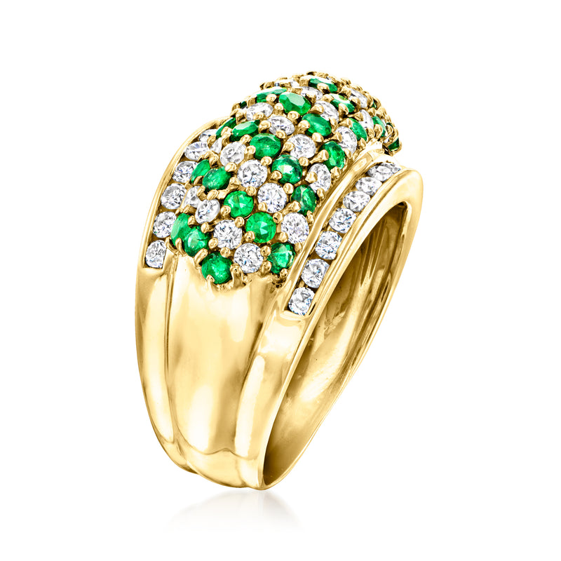 Yellow gold band ring with emerald green and diamond inset stripes, curved profile
