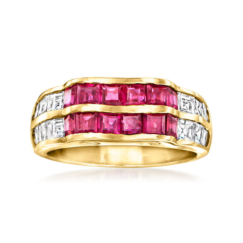 Yellow gold scalloped ring with pink rubies and baguette diamonds, wide band