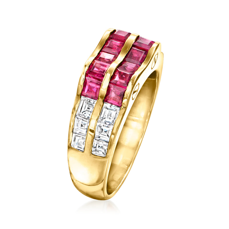 Side view of yellow gold ring with pink ruby segments and clear baguette diamonds