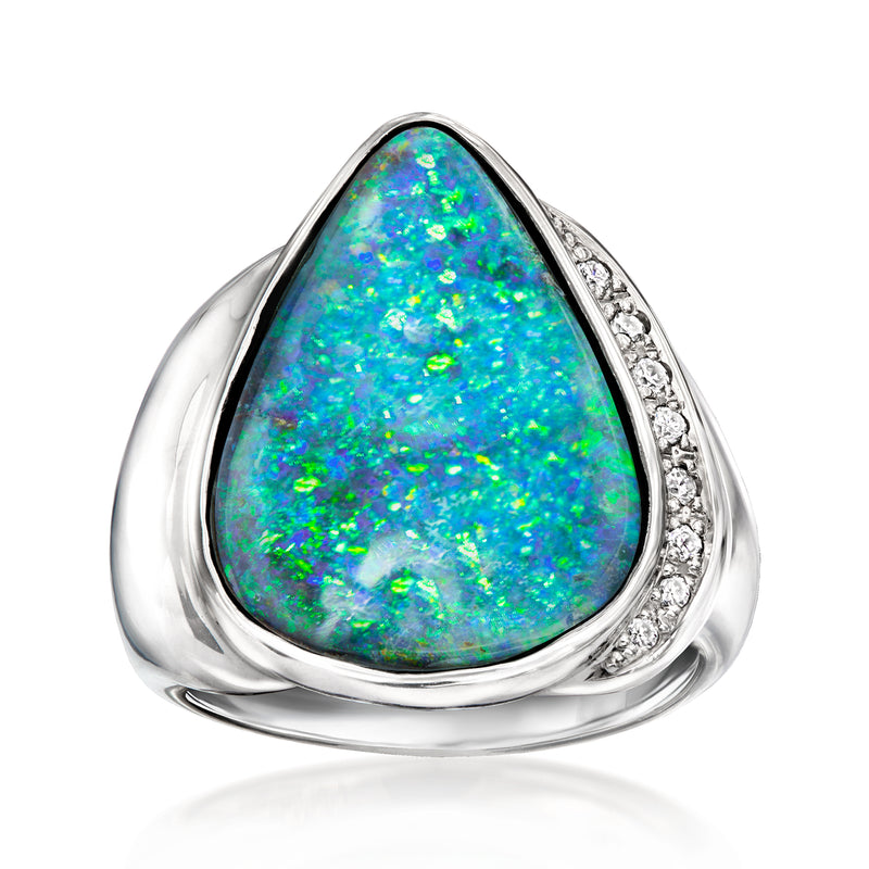 Vintage platinum ring with pear-shaped black opal and diamond accents