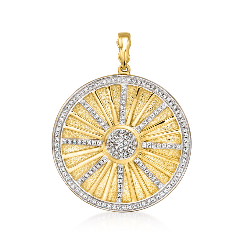 14kt yellow gold diamond sunburst medallion pendant, round center stone and halo