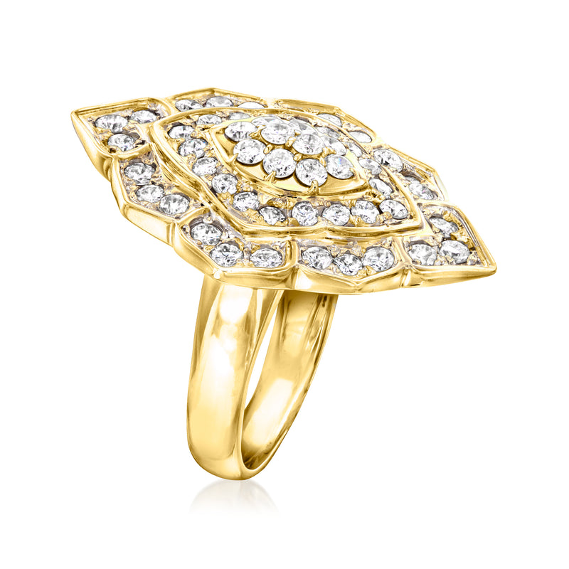 Marquise diamond cluster ring in 18kt yellow gold, side view with pronged settings