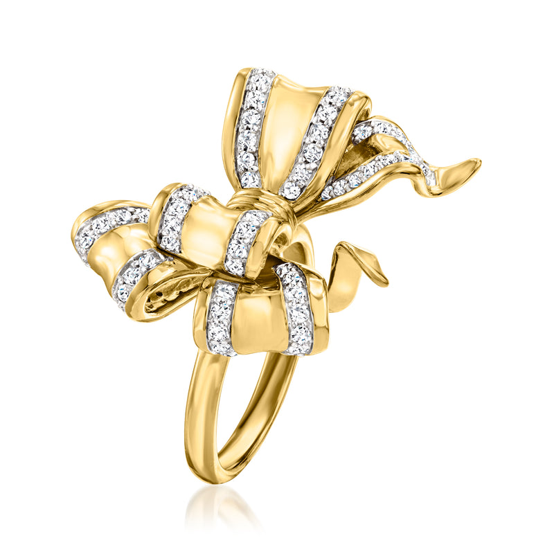Double-bow diamond ring in 18kt gold over sterling with pavé-set accents