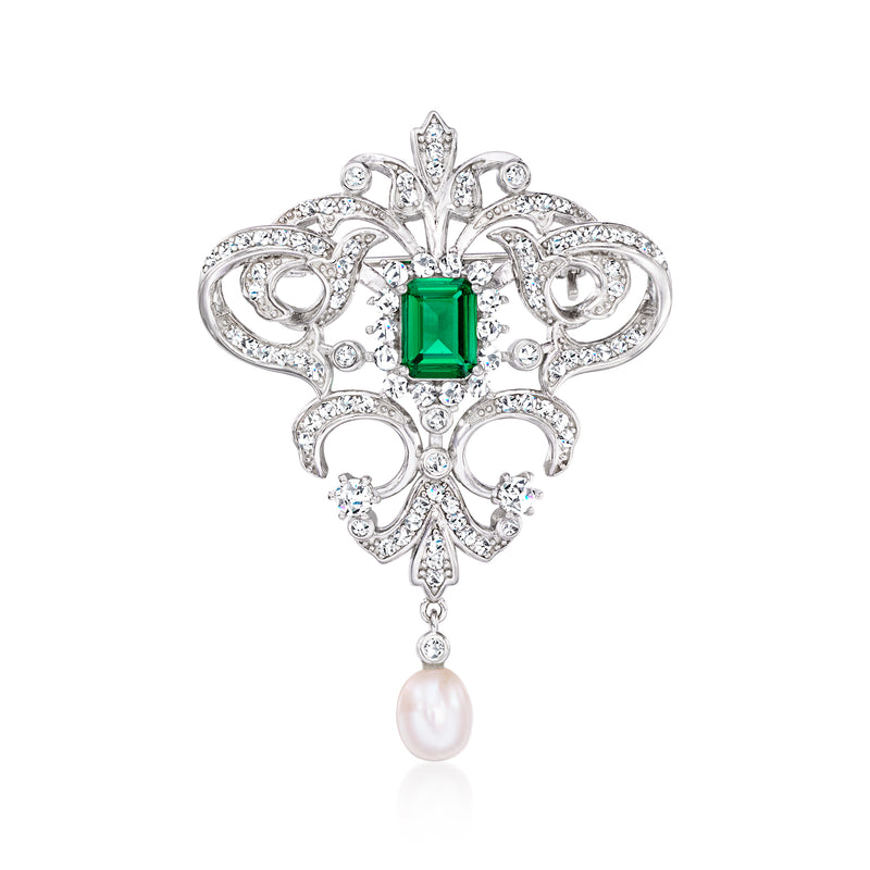 Sterling silver vintage-style pin with green square center, clear CZ accents, and pearl drop