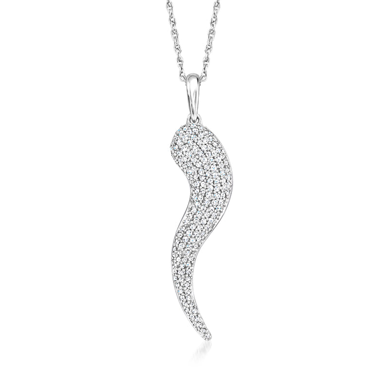 Sterling silver pave diamond horn pendant necklace with curved horn design