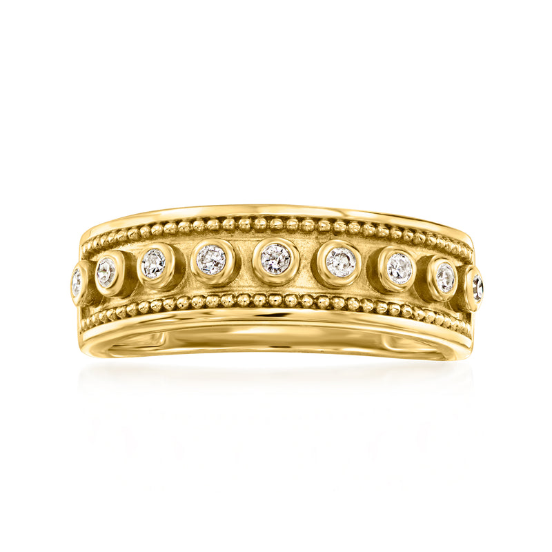 14kt yellow gold diamond etruscan-style ring with round stones and beaded edge