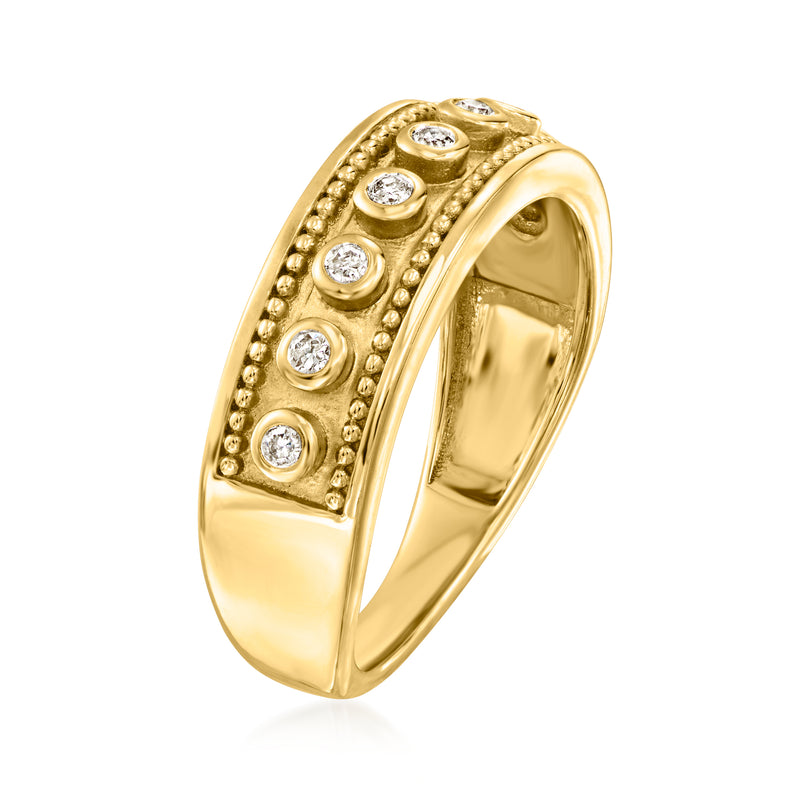Yellow gold diamond ring with side profile, round stones in bezel settings
