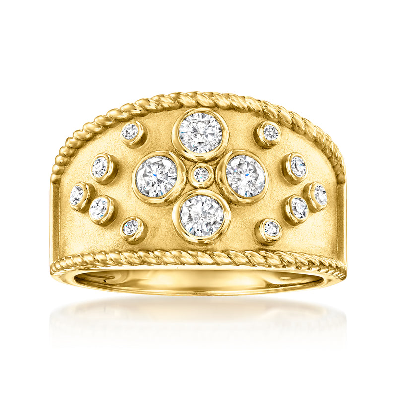 Gold-tone wide ring with round diamond accents, rope-edge bezel design