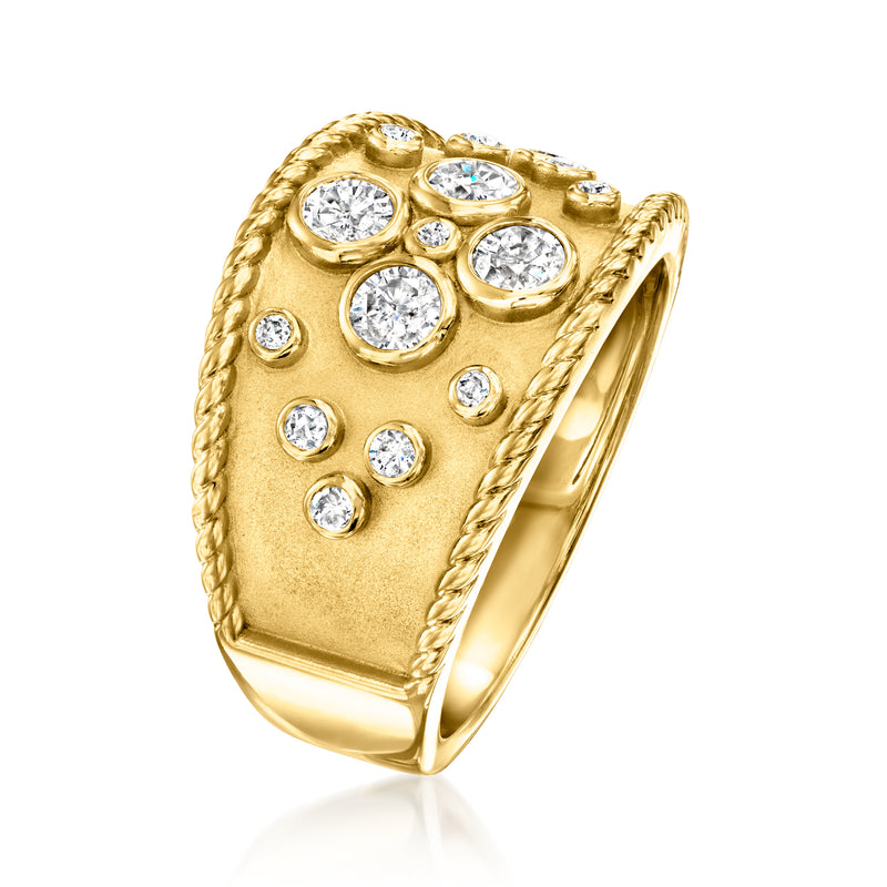 Gold-tone wide ring with round diamond accents and high-polish bezel edge