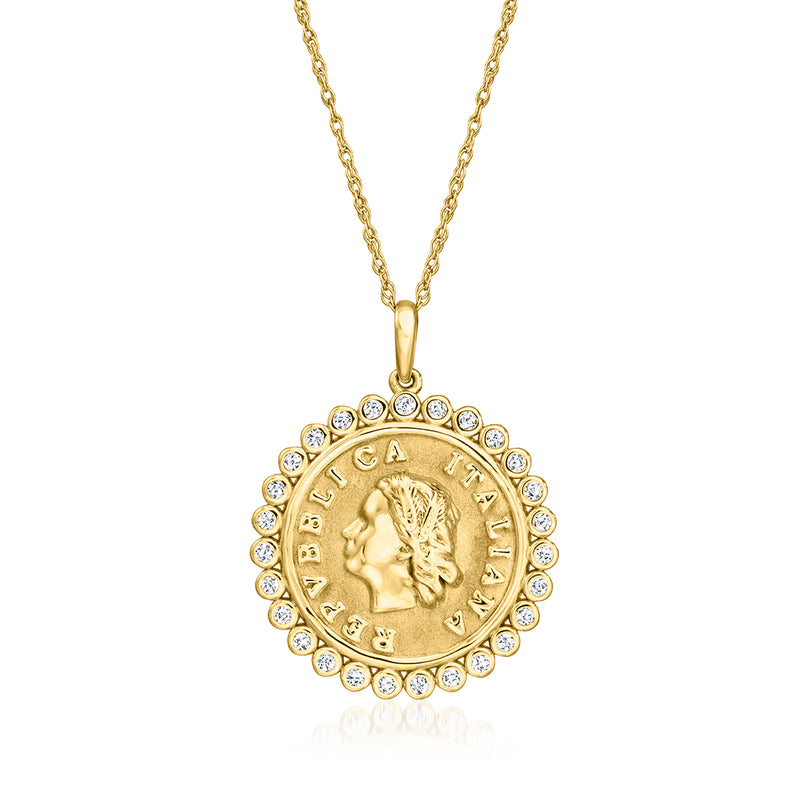 Gold coin pendant necklace with Roman woman profile and diamond-like border stones