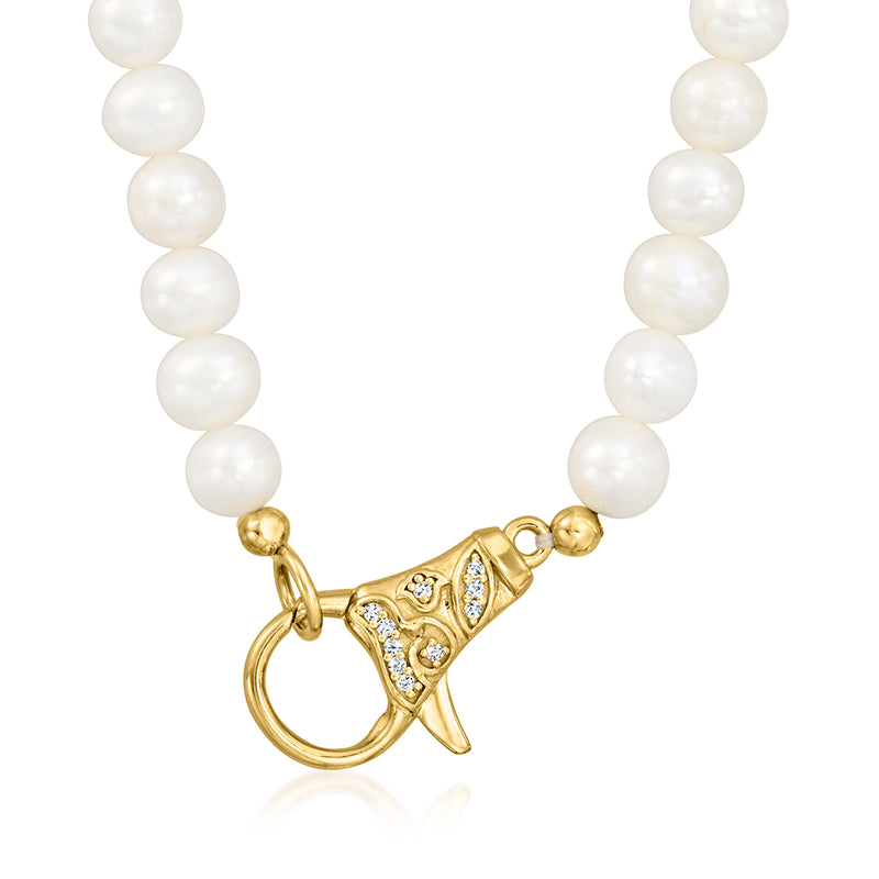 Cultured pearl necklace with diamond lobster clasp in 18k gold over sterling