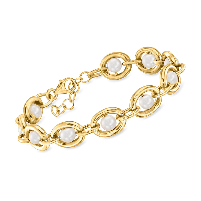 Cultured pearl link bracelet in 18kt gold over sterling, round pearls on gold chain