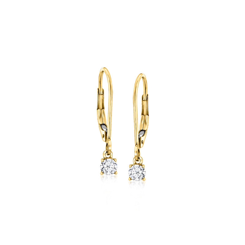 14kt yellow gold leverback drop earrings with two round lab-grown diamonds