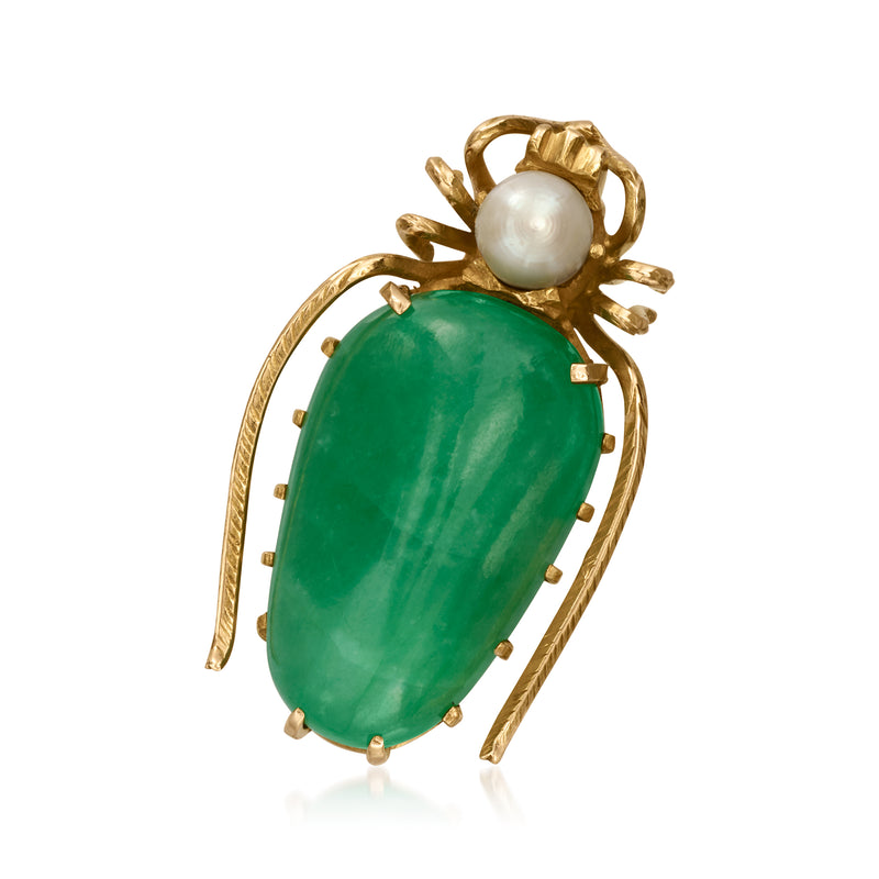 Vintage insect pin with green jade cabochon and cultured pearl in 20k yellow gold