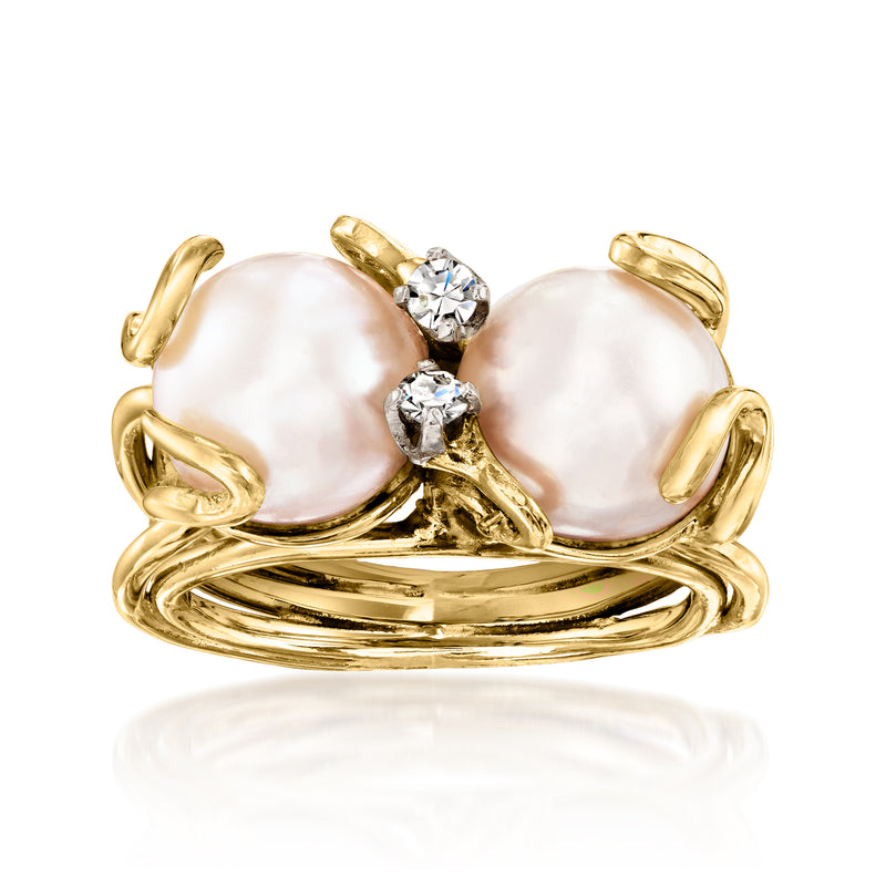 Vintage 14k yellow gold ring with two round pink cultured pearls and two diamonds