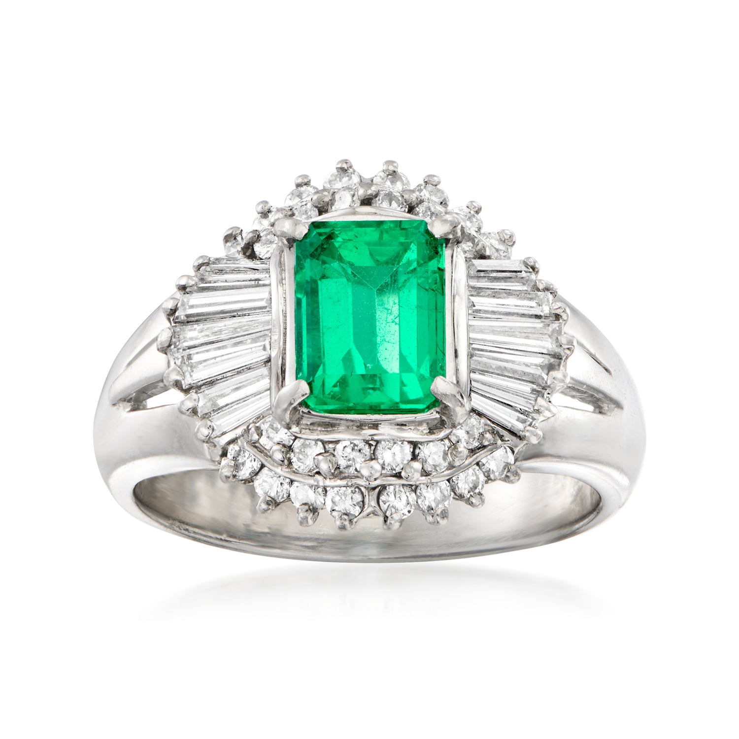 C. 1980 Vintage 1.05 Carat Emerald and .65 ct. t.w. Diamond Ring in Platinum
