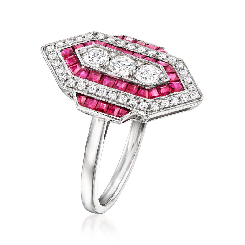 Platinum ruby-and-diamond ring with elongated center and rectangular ruby accents