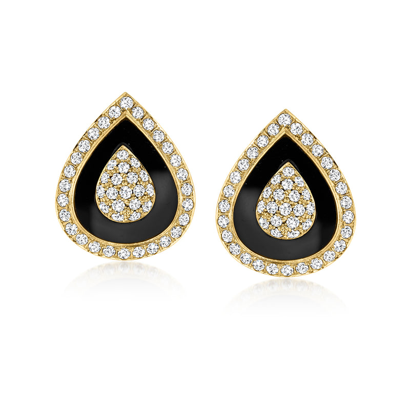 18kt yellow gold teardrop earrings with black onyx and diamond halo