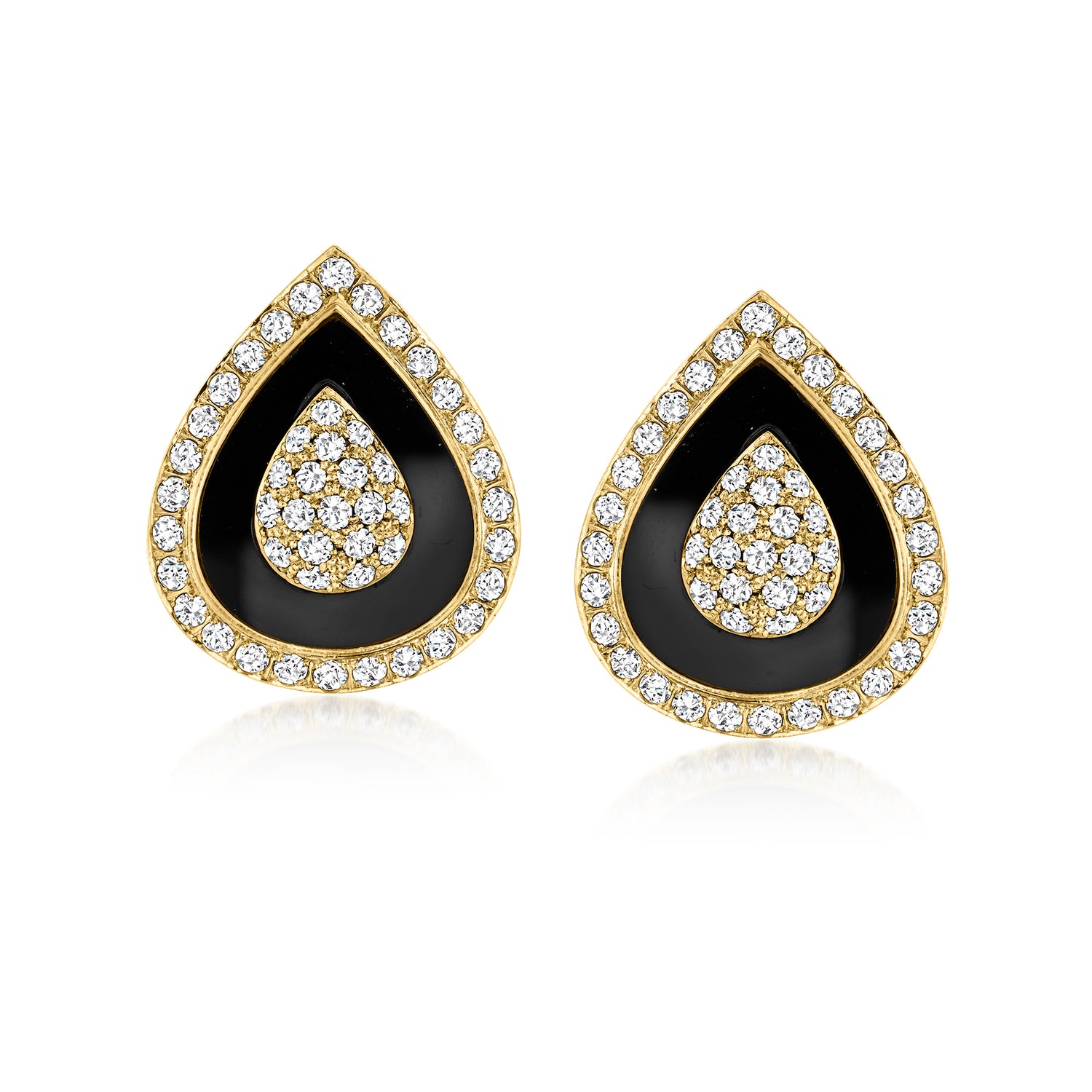 C. 1980 Vintage Onyx and 4.70 ct. t.w. Diamond Teardrop Earrings in 18kt Yellow Gold