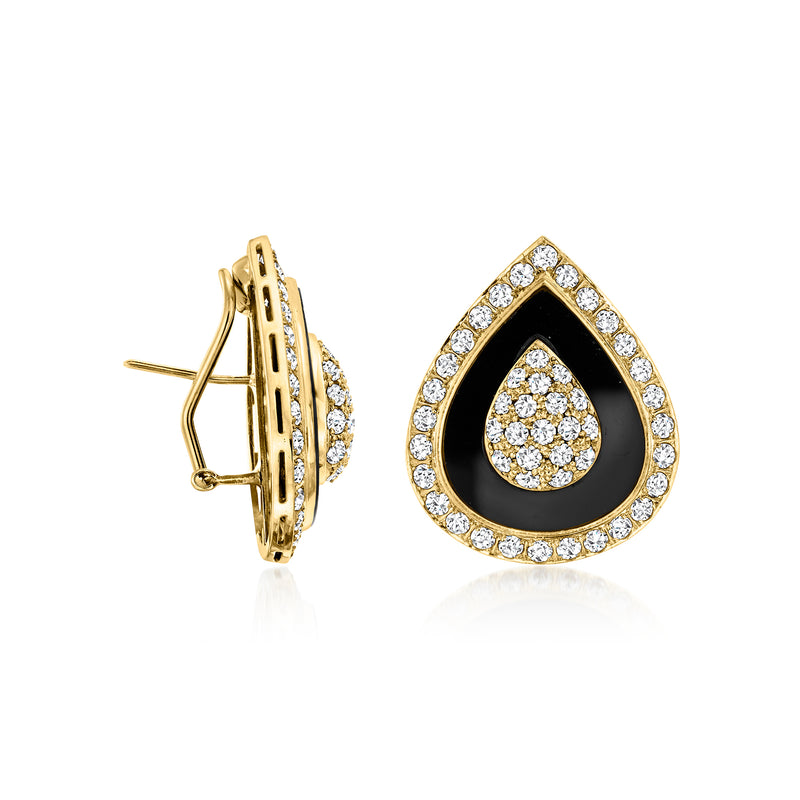 Teardrop onyx and diamond stud earrings in 18kt yellow gold, side view