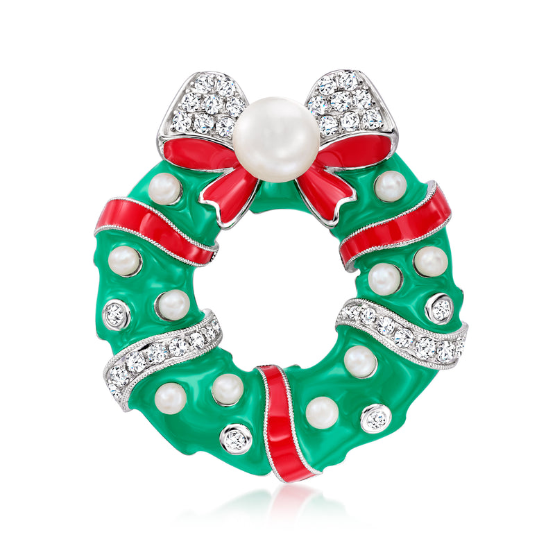 Christmas wreath pin in sterling silver, green/red enamel, faux pearls, clear stones