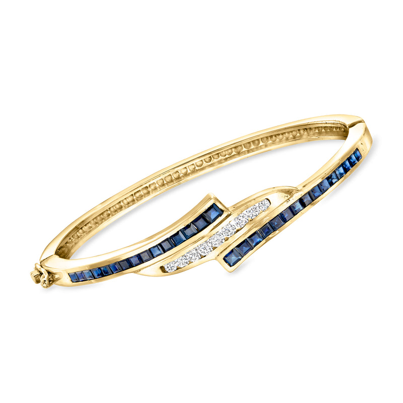 14kt yellow gold sapphire and diamond bangle bracelet with blue square stones