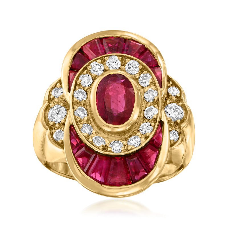 Vintage ruby oval ring with round diamond halo, 18k yellow gold band