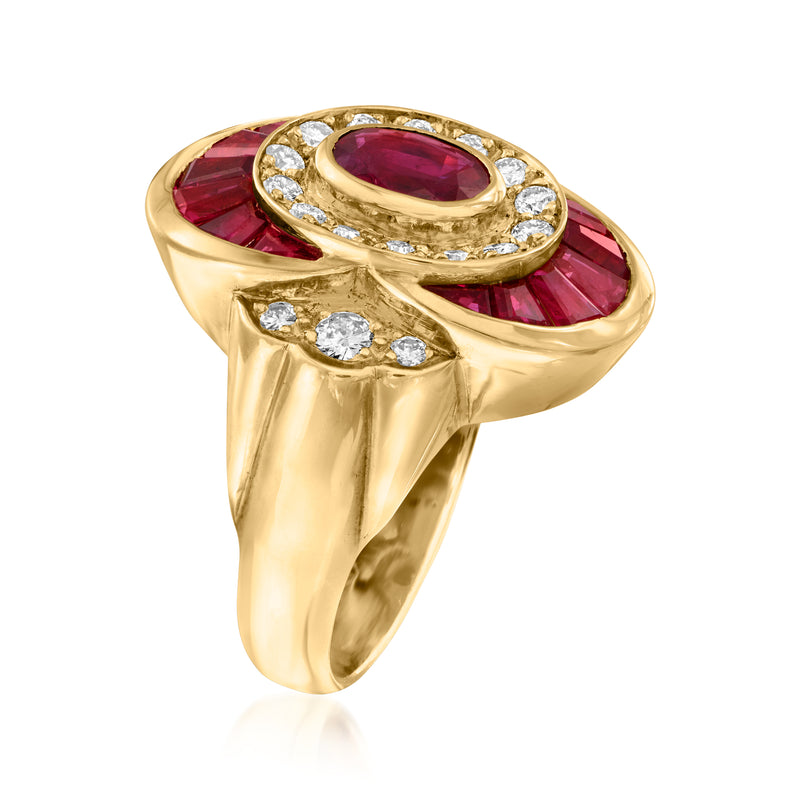 Vintage oval ruby ring with diamond accents, 18k yellow gold split band
