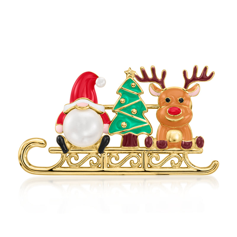 Gold-tone enamel holiday brooch with reindeer, sleigh, and white cultured pearl
