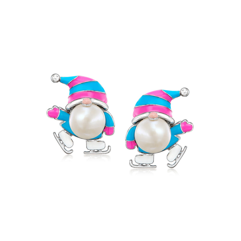 Sterling silver gnome post earrings with cultured pearl heads and multicolored enamel