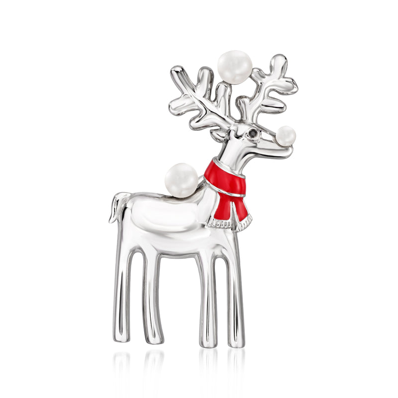 Sterling silver reindeer pendant with white cultured pearls and red enamel detail