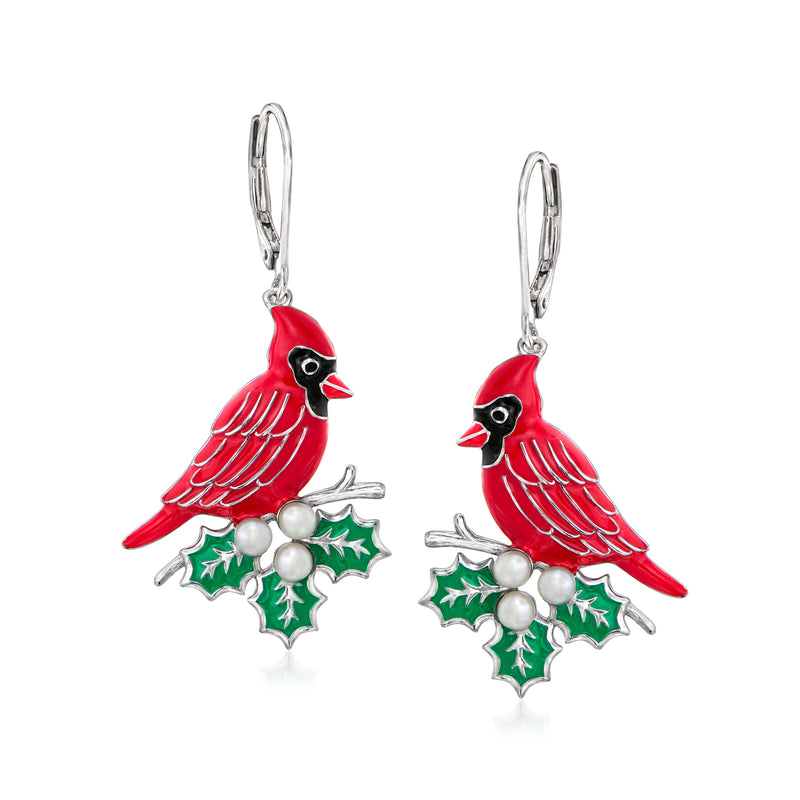 Sterling silver drop earrings with red cardinal, green holly enamel, white pearls