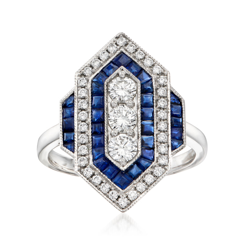 Platinum geometric ring with blue sapphire and diamond accents, double row bezel