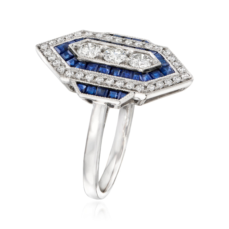 Platinum geometric sapphire and diamond ring with rectangular marquise setting, side view