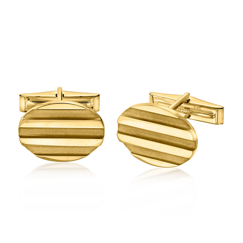 Ridged 18kt yellow gold cuff links, round faces with bar backs