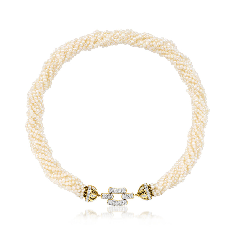 Vintage cultured pearl torsade necklace with diamond accents in 14kt yellow gold