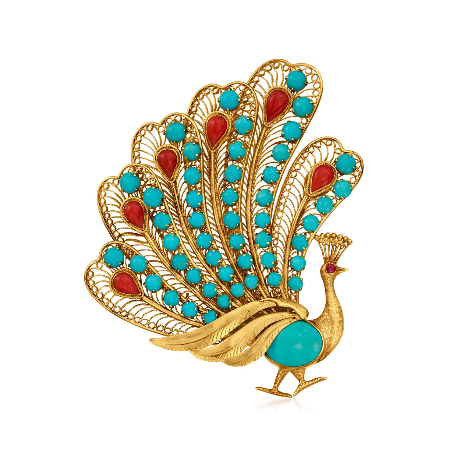 C. 1950 Vintage Turquoise and Red Coral Peacock Pin with Single Ruby in 14kt Yellow Gold