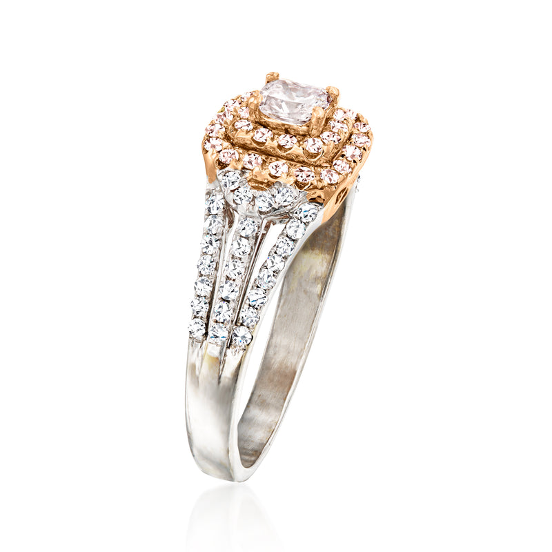 Two-tone gold diamond ring, angled view with oval center and pink-and-white stones